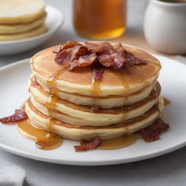 A fluffy pancake with crispy bacon pieces embedded inside, served on a white plate with maple syrup drizzled on top.