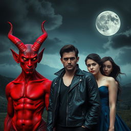 A captivating scene featuring a devilish character with red skin and curved horns alongside a human male and a female adult in a surreal setting