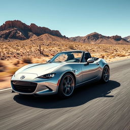 A hyper-realistic, ultra high-resolution image of a Mazda MX-5 NB driving on a desert highway