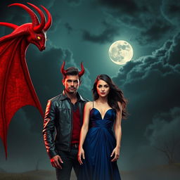 A captivating scene featuring a devilish character with red skin and curved horns alongside a human male and a female adult in a surreal setting