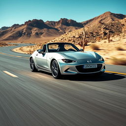 A hyper-realistic, ultra high-resolution image of a Mazda MX-5 NB driving on a desert highway