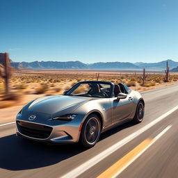 A hyper-realistic, ultra high-resolution image of a Mazda MX-5 NB driving on a desert highway