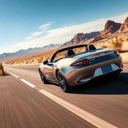 A hyper-realistic, ultra high-resolution image of a Mazda MX-5 NB driving on a desert highway