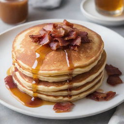 A fluffy pancake with crispy bacon pieces embedded inside, served on a white plate with maple syrup drizzled on top.