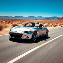 A hyper-realistic, ultra high-resolution image of a Mazda MX-5 NB driving on a desert highway