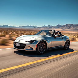 A hyper-realistic, ultra high-resolution image of a Mazda MX-5 NB driving on a desert highway