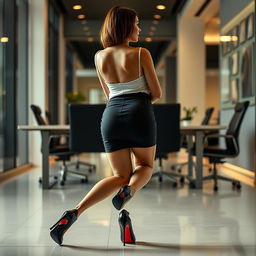 rear view of an elegant woman in high heels and a fashionable mini skirt, gracefully posed on her knees in a modern office setting, showcasing confidence and poise, sleek office decor, ambient lighting emphasizing the silhouette, sophisticated and stylish environment