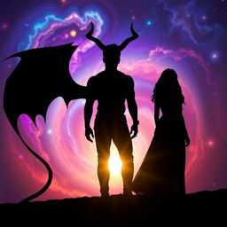 An intriguing scene featuring the silhouette of a devilish character with prominent horns outlined against a vibrant, swirling cosmic background