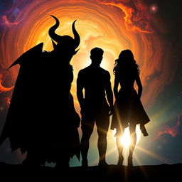 An intriguing scene featuring the silhouette of a devilish character with prominent horns outlined against a vibrant, swirling cosmic background