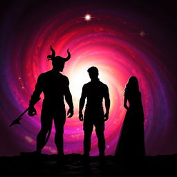 An intriguing scene featuring the silhouette of a devilish character with prominent horns outlined against a vibrant, swirling cosmic background