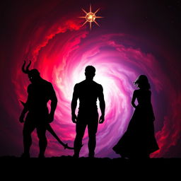 An intriguing scene featuring the silhouette of a devilish character with prominent horns outlined against a vibrant, swirling cosmic background