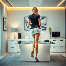 rear view of a stylish woman in high heels and a mini skirt, elegantly positioned on a modern office desk, showcasing sophistication and poise, surrounded by contemporary office decor, with ambient lighting accentuating the setting, creating a professional and tasteful atmosphere