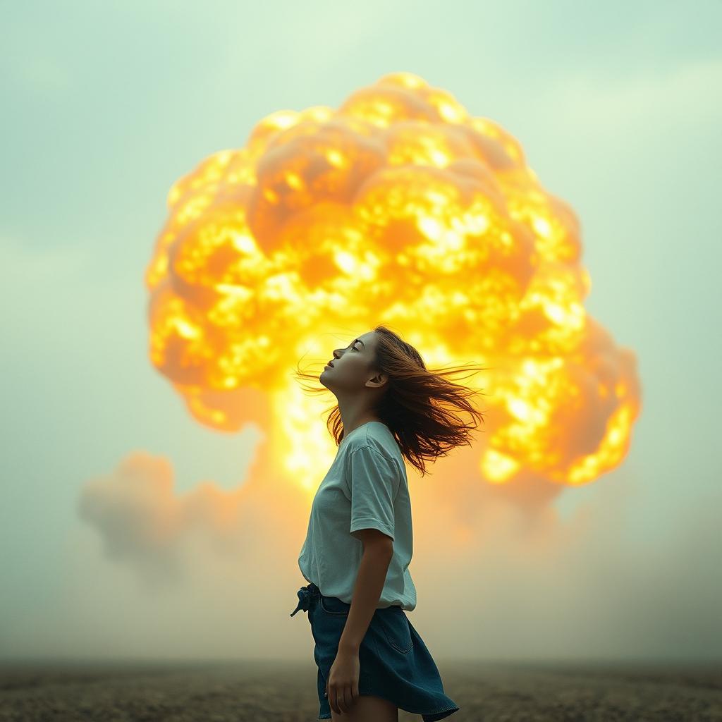 a surreal scene with a powerful explosion in the background, a young woman stands in the foreground looking upwards, depicting a sense of awe and wonder amidst chaos, her hair and clothing being blown by the wind from the explosion, with a striking contrast between the bright, fiery colors of the explosion and the cool, calm tones of the girl's appearance