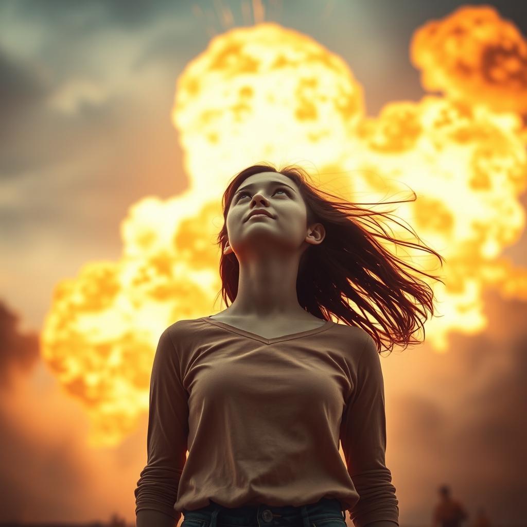 a surreal scene with a powerful explosion in the background, a young woman stands in the foreground looking upwards, depicting a sense of awe and wonder amidst chaos, her hair and clothing being blown by the wind from the explosion, with a striking contrast between the bright, fiery colors of the explosion and the cool, calm tones of the girl's appearance