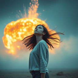 a surreal scene with a powerful explosion in the background, a young woman stands in the foreground looking upwards, depicting a sense of awe and wonder amidst chaos, her hair and clothing being blown by the wind from the explosion, with a striking contrast between the bright, fiery colors of the explosion and the cool, calm tones of the girl's appearance