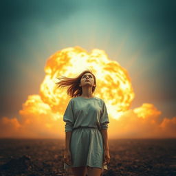 a surreal scene with a powerful explosion in the background, a young woman stands in the foreground looking upwards, depicting a sense of awe and wonder amidst chaos, her hair and clothing being blown by the wind from the explosion, with a striking contrast between the bright, fiery colors of the explosion and the cool, calm tones of the girl's appearance