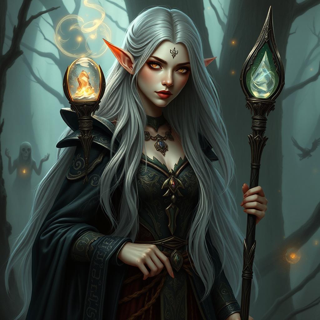 An enchanting elven necromancer, portrayed with ethereal beauty and mystical aura