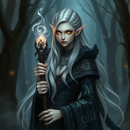 An enchanting elven necromancer, portrayed with ethereal beauty and mystical aura