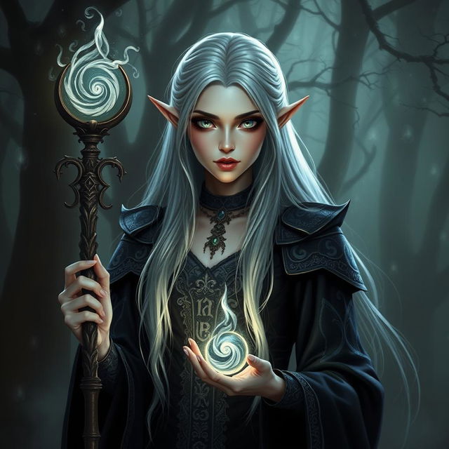 An enchanting elven necromancer, portrayed with ethereal beauty and mystical aura