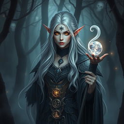 An enchanting elven necromancer, portrayed with ethereal beauty and mystical aura