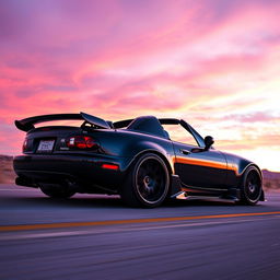 A high-resolution, highly detailed image of a second-generation Mazda MX-5 NB, painted in sleek black and featuring a custom tuning design