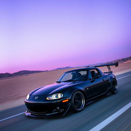 A high-resolution, highly detailed image of a second-generation Mazda MX-5 NB, painted in sleek black and featuring a custom tuning design