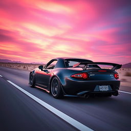 A high-resolution, highly detailed image of a second-generation Mazda MX-5 NB, painted in sleek black and featuring a custom tuning design