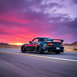 A high-resolution, highly detailed image of a second-generation Mazda MX-5 NB, painted in sleek black and featuring a custom tuning design