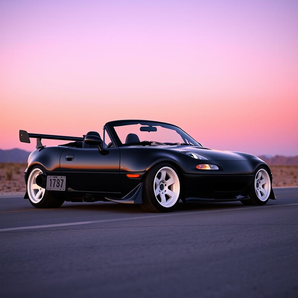 A high-resolution, ultra-realistic image of a second-generation Mazda MX-5 NB, painted in sleek black and customized with a tuning style