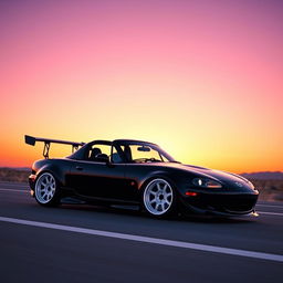 A high-resolution, ultra-realistic image of a second-generation Mazda MX-5 NB, painted in sleek black and customized with a tuning style