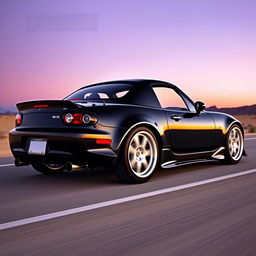 A high-resolution, ultra-realistic image of a second-generation Mazda MX-5 NB, painted in sleek black and customized with a tuning style