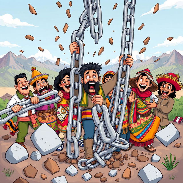 Exaggeratedly thick chains being broken by people from Peru, cartoon style