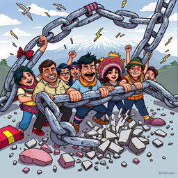 Exaggeratedly thick chains being broken by people from Peru, cartoon style