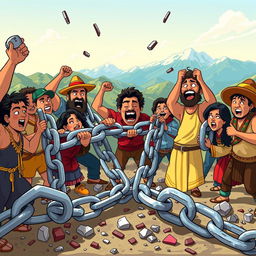 Exaggeratedly thick chains being broken by people from Peru, cartoon style