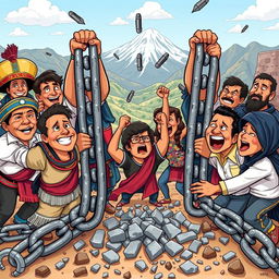 Exaggeratedly thick chains being broken by people from Peru, cartoon style