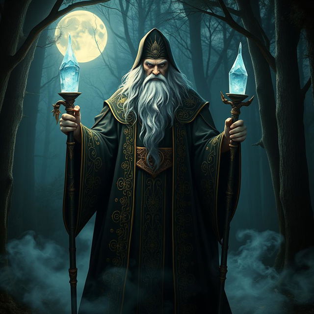 Ancient and powerful wizard with an imposing presence, standing in a dark and mystical forest