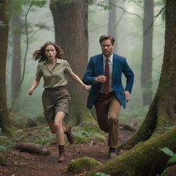 Action-packed scene in Eldoria forest, highlighting Lila and Captain Steele tackling adventurous puzzles. Introduce Isabella, a mysterious woman with secrets, emerging from obscurity, with an unexplained tie to the lost city amid the wilderness.