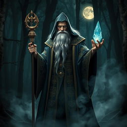 Ancient and powerful wizard with an imposing presence, standing in a dark and mystical forest