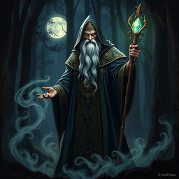 Ancient and powerful wizard with an imposing presence, standing in a dark and mystical forest