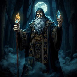 Ancient and powerful wizard with an imposing presence, standing in a dark and mystical forest