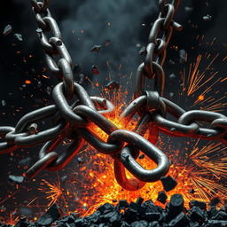 Exaggeratedly thick chains breaking apart, surrounded by dramatic sparks and flying metal fragments, showcasing immense force and tension