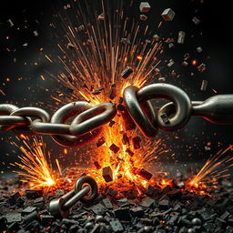 Exaggeratedly thick chains breaking apart, surrounded by dramatic sparks and flying metal fragments, showcasing immense force and tension