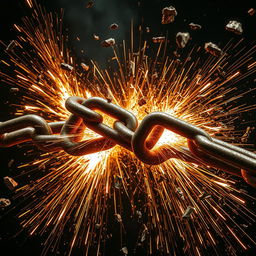 Exaggeratedly thick chains breaking apart, surrounded by dramatic sparks and flying metal fragments, showcasing immense force and tension