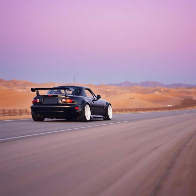 A high-resolution image showing a second-generation Mazda MX-5 NB in sleek black, modified with a tuning style, captured from a distant perspective