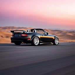 A high-resolution image showing a second-generation Mazda MX-5 NB in sleek black, modified with a tuning style, captured from a distant perspective