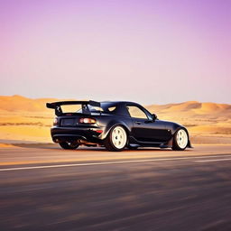 A high-resolution image showing a second-generation Mazda MX-5 NB in sleek black, modified with a tuning style, captured from a distant perspective