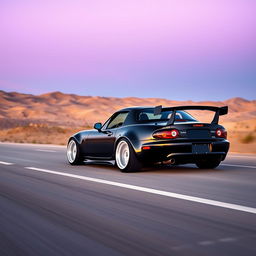 A high-resolution image showing a second-generation Mazda MX-5 NB in sleek black, modified with a tuning style, captured from a distant perspective