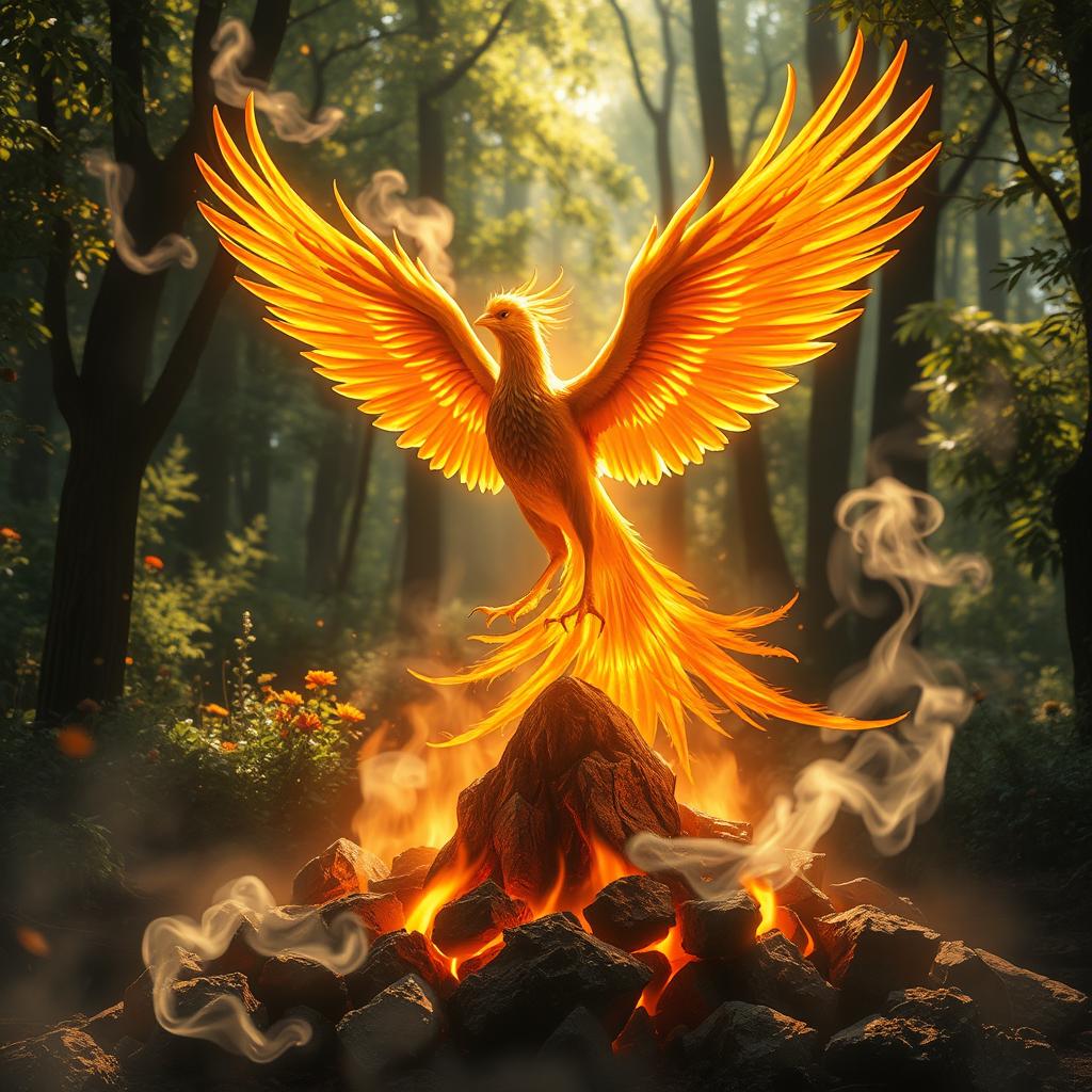 A mesmerizing scene depicting reincarnation, symbolized by a radiant phoenix ascending from ashes, embodying the cycle of life