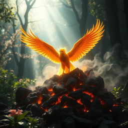 A mesmerizing scene depicting reincarnation, symbolized by a radiant phoenix ascending from ashes, embodying the cycle of life