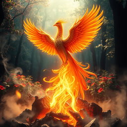 A mesmerizing scene depicting reincarnation, symbolized by a radiant phoenix ascending from ashes, embodying the cycle of life